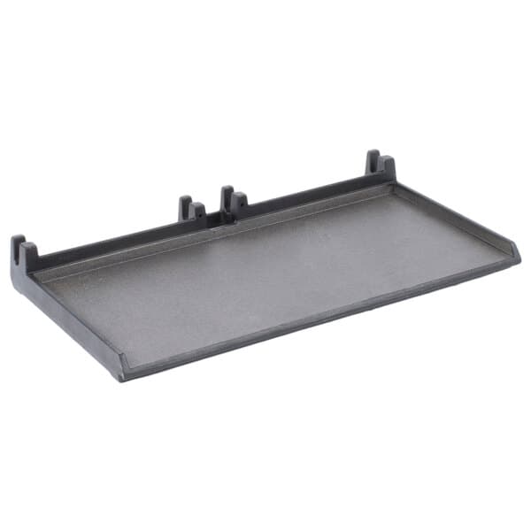 A grey rectangular flat bottom grill plate with black handles.