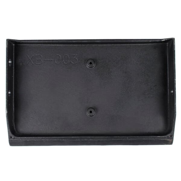 A black rectangular Avantco grooved grill plate with holes.