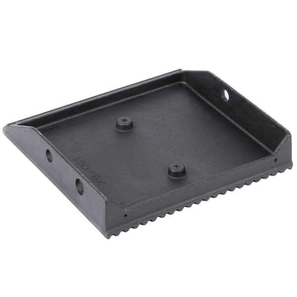 A black rectangular grill plate with grooves and holes on the bottom.