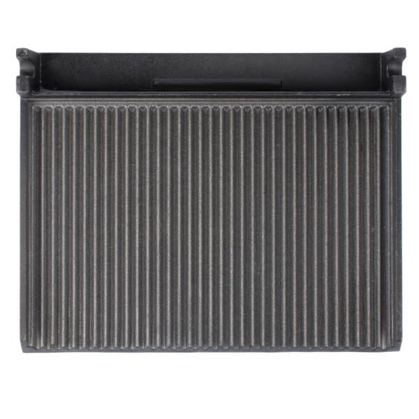 A black rectangular grill plate with a grooved metal bottom.