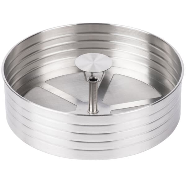 A silver circular Avantco brew basket with a metal handle.
