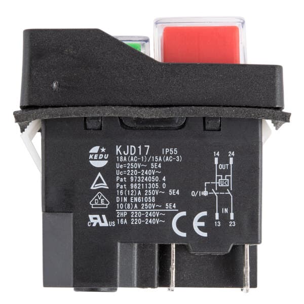 A small black and red switch with a red button.