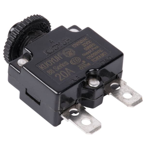 A black Avantco reset switch with two wires.