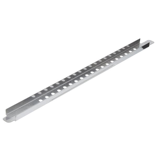 A stainless steel metal rack guide with a metal bar.