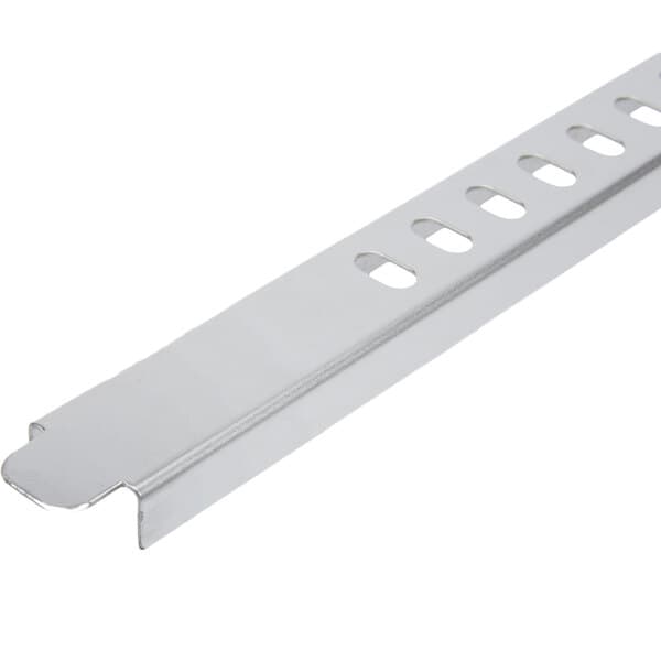 A silver metal vertical rack guide with holes.