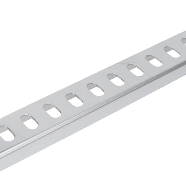 An Avantco vertical rack guide with holes on a metal strip.