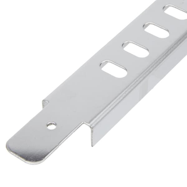 A close-up of a silver metal Avantco vertical rack guide with holes.