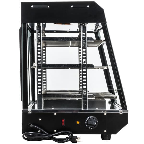 A black Avantco vertical rack guide for a food warmer with a glass door.
