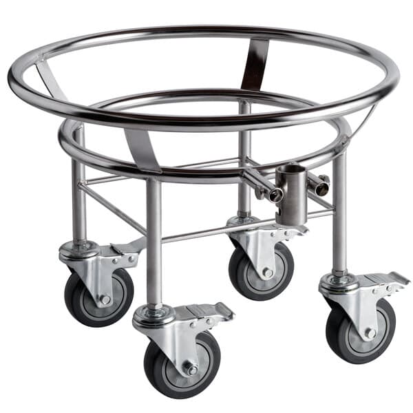 An Avantco stainless steel bowl truck with black wheels.