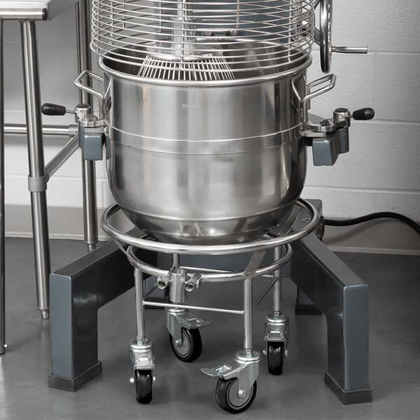 An Avantco stainless steel bowl truck for an MX60 mixer.