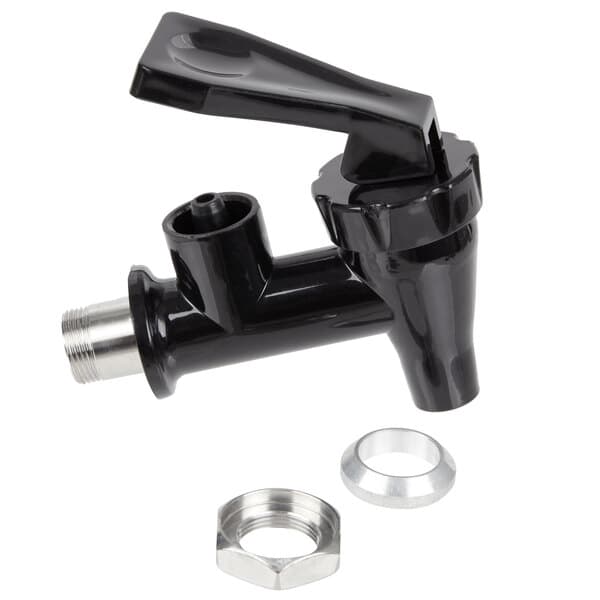 An Avantco black faucet with a nut and silver nuts.