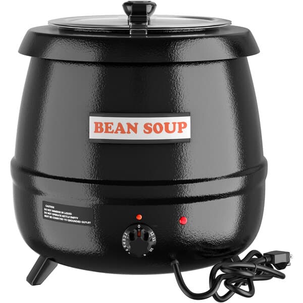 An Avantco black soup kettle with a cord attached.