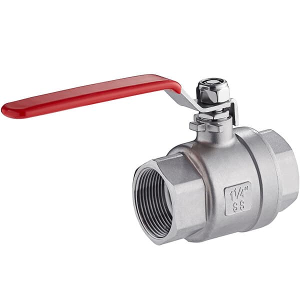 An Avantco stainless steel ball valve with a red handle.