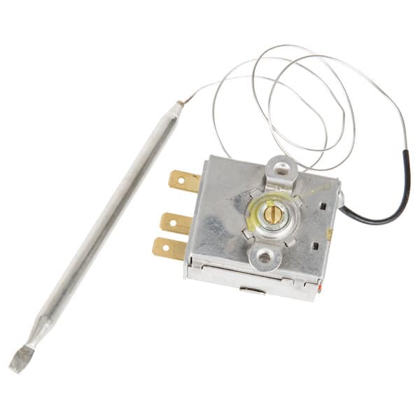 An Avantco thermostat with a wire attached to it.