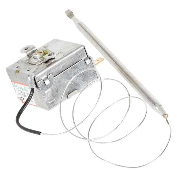 An Avantco thermostat with wires in a small metal box.