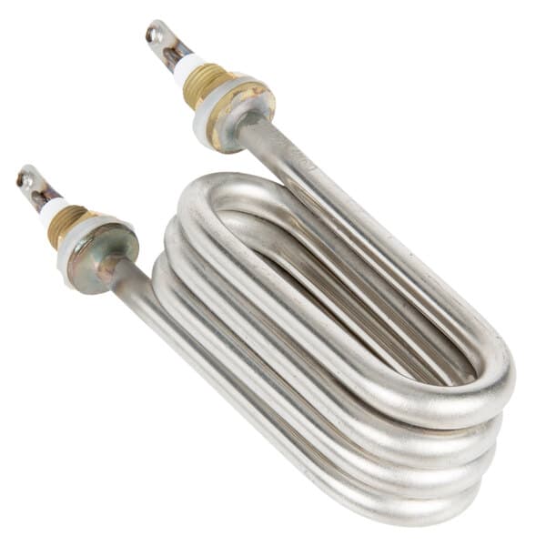 A close-up of a silver metal heating element with a metal spiral coil.