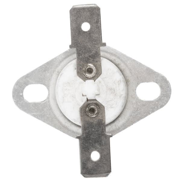 A close-up of an Avantco Hi-Limit thermostat metal plate with metal screws.