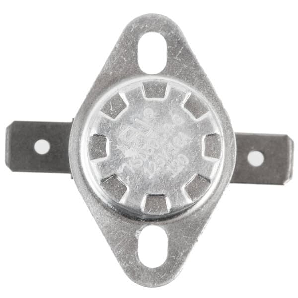 A metal plate with a hole in the center, the Avantco 177PHWD13 Hi-Limit Thermostat.
