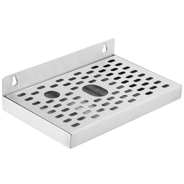 A silver metal tray with holes.