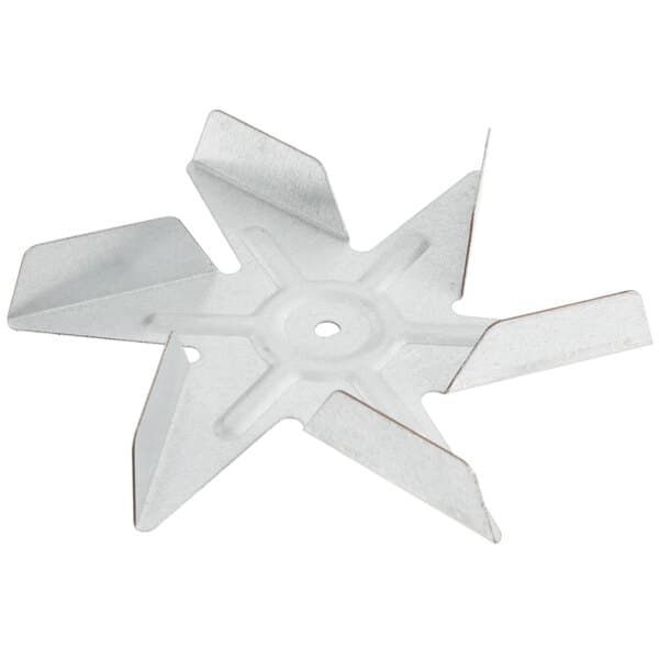 A white metal fan blade with a hole in the center.