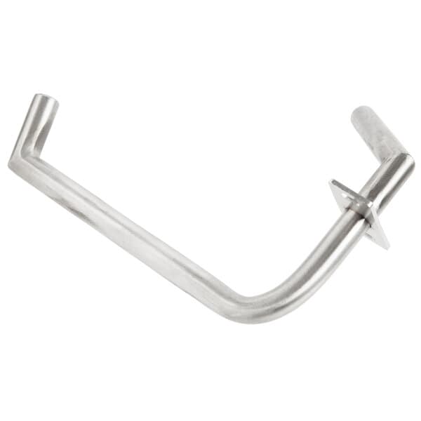 A stainless steel metal handle with a bent metal rod on a white background.