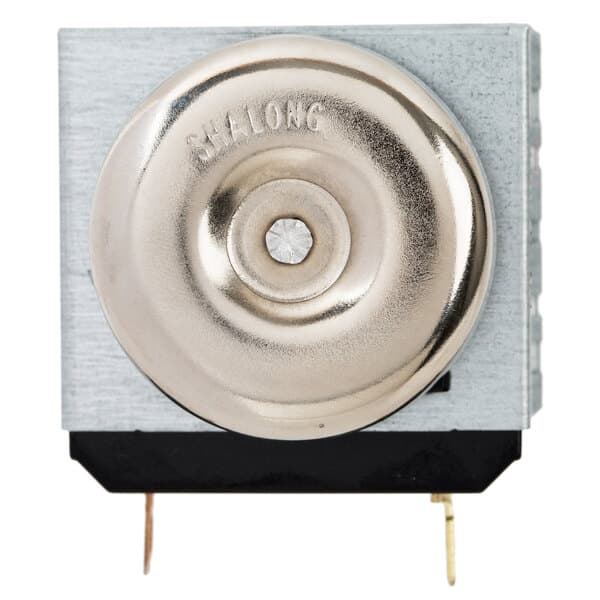 A silver round metal timer with a black button.