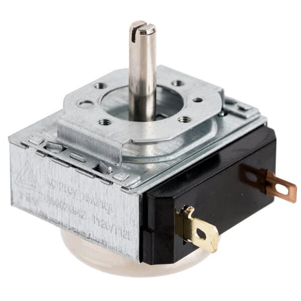 An Avantco electric convection oven timer with a metal cover and metal cylinder.