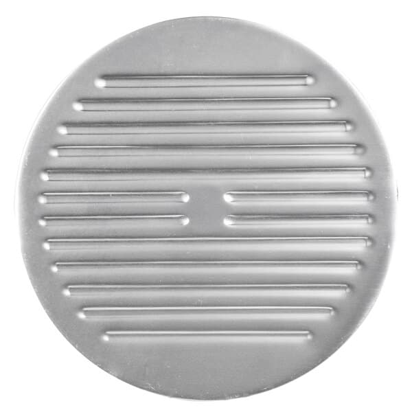 A circular metal Avantco Slicer blade cover with lines.