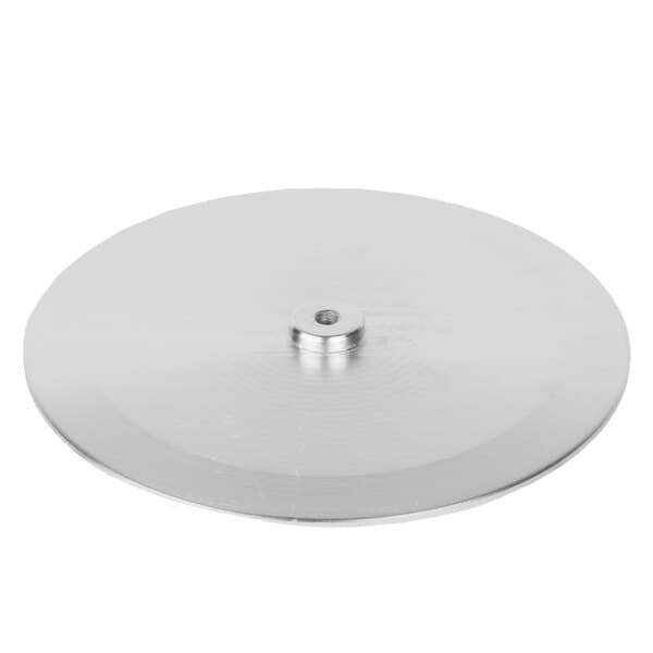 A silver circular Avantco slicer blade cover with a hole in the center.