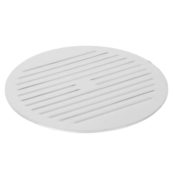 A white round Avantco slicer blade cover with lines on it.