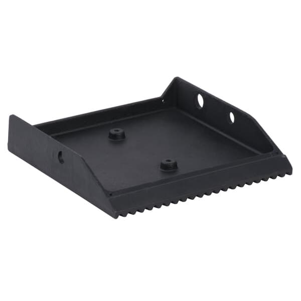 A black metal tray with grooves on one side.