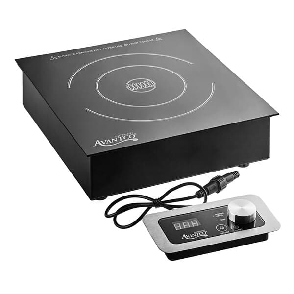 An Avantco countertop induction range with a black cord and control panel.