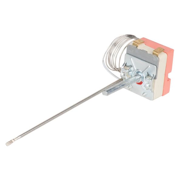 A close-up of the Avantco thermostat with a long metal rod and red handle.