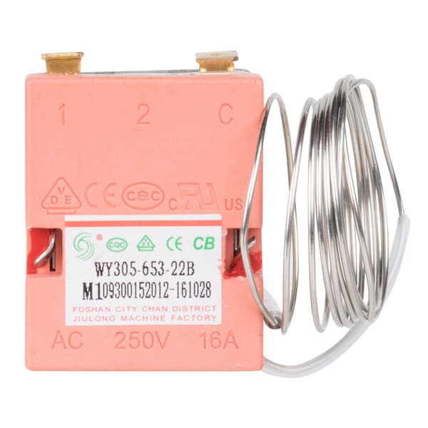 An Avantco thermostat with wires attached to it.