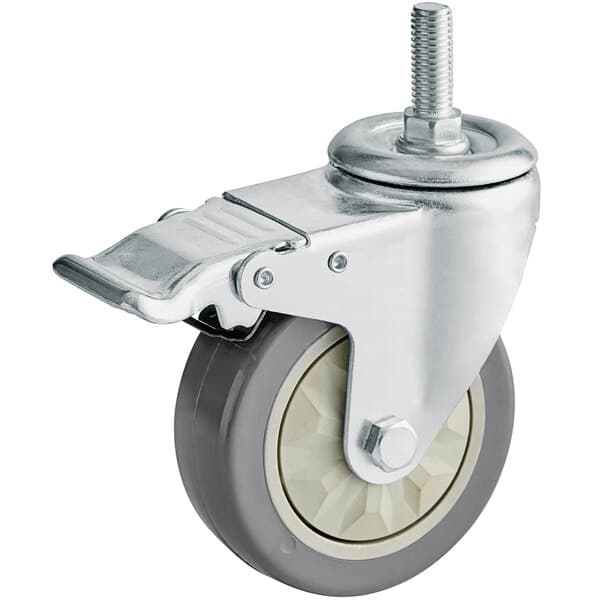 An Avantco swivel plate caster with a metal base and metal wheel with a rubber tire.