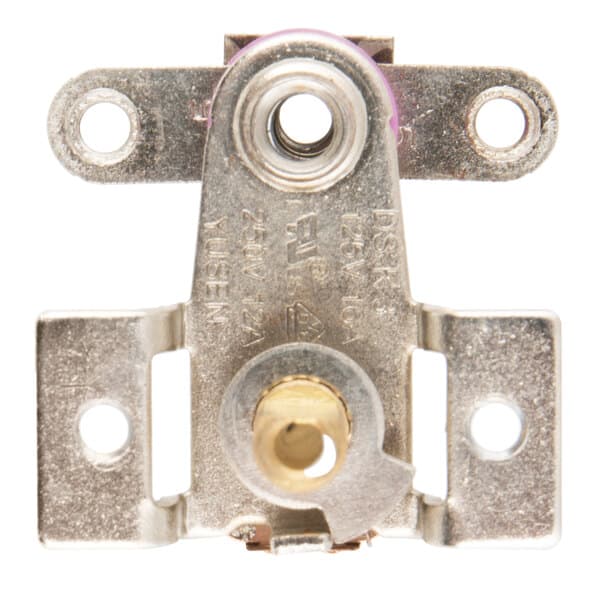 A metal thermostat with a brass knob on it.