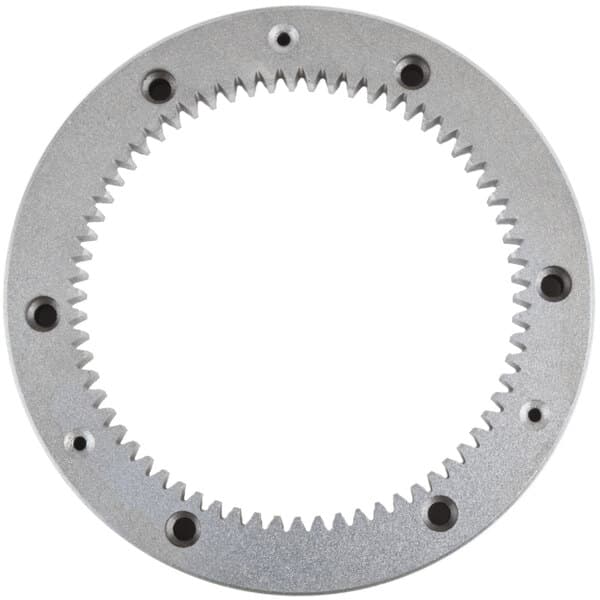 A circular metal turning plate gear with many holes.