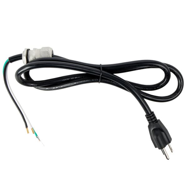 A black electrical cord with a white connector.