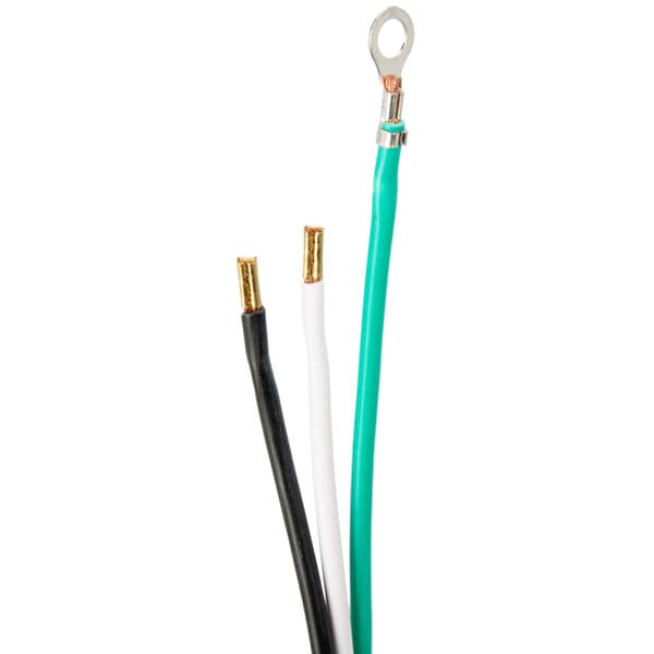 A black and white cable with two green wires and a metal ring on the end.