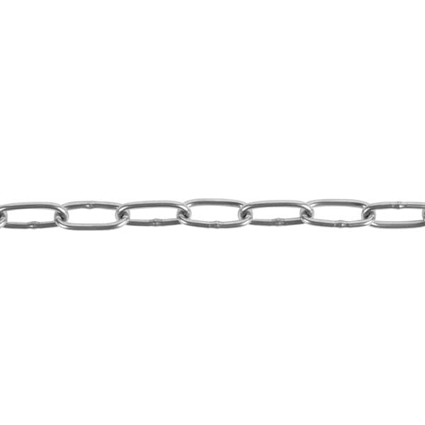 A close-up of Avantco strip warmer support chains with a silver finish.