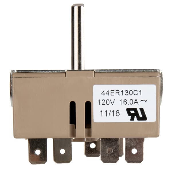 A brown circular infinite switch with white lettering on a black surface.