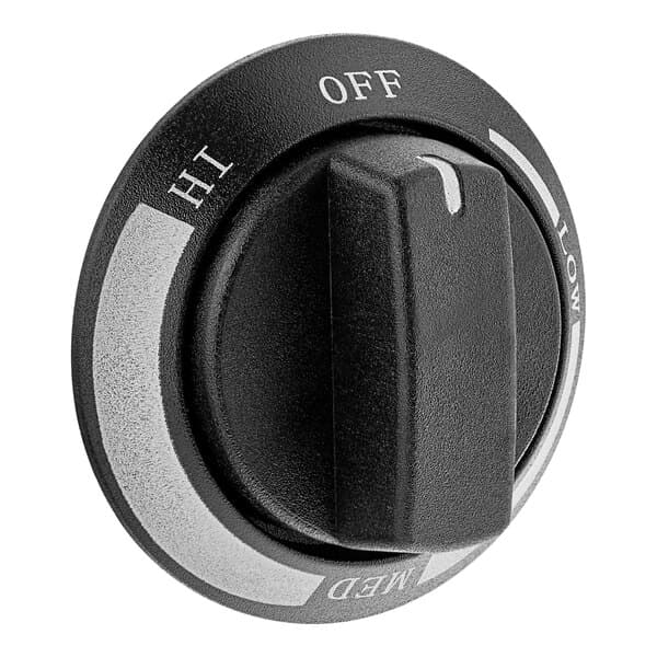 An Avantco black knob with white text that says "off"