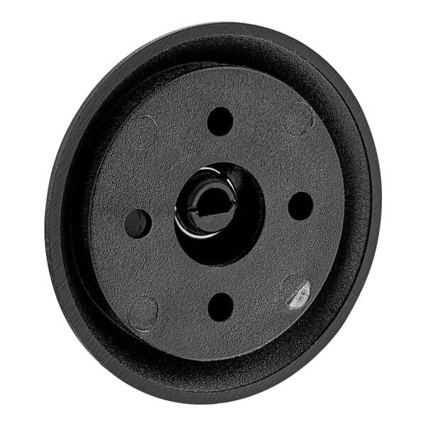A black round plastic knob with holes.
