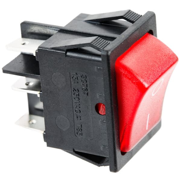 An Avantco On / Off Switch with a red rocker and white text on a black background.