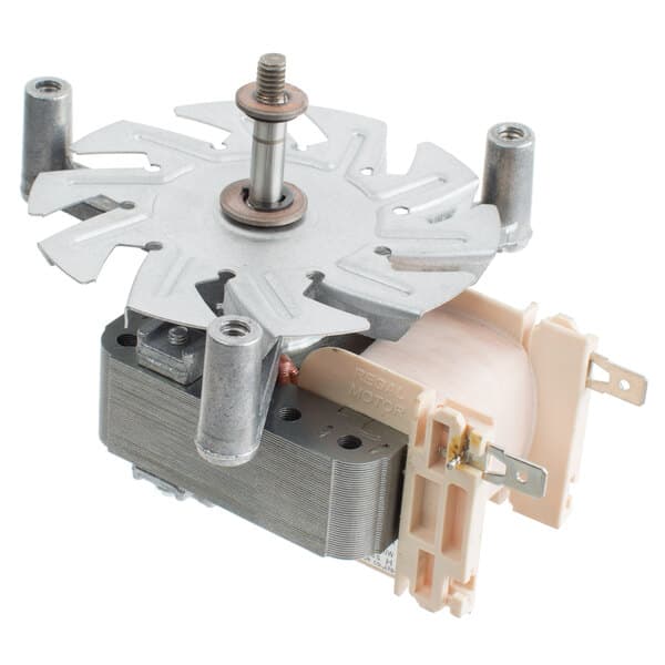 The right side fan motor for an Avantco convection oven, a small metal and plastic device with a small metal gear on top.