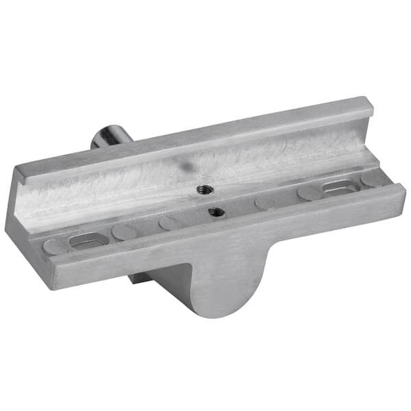 A stainless steel carriage assembly for an Avantco meat slicer with screws.