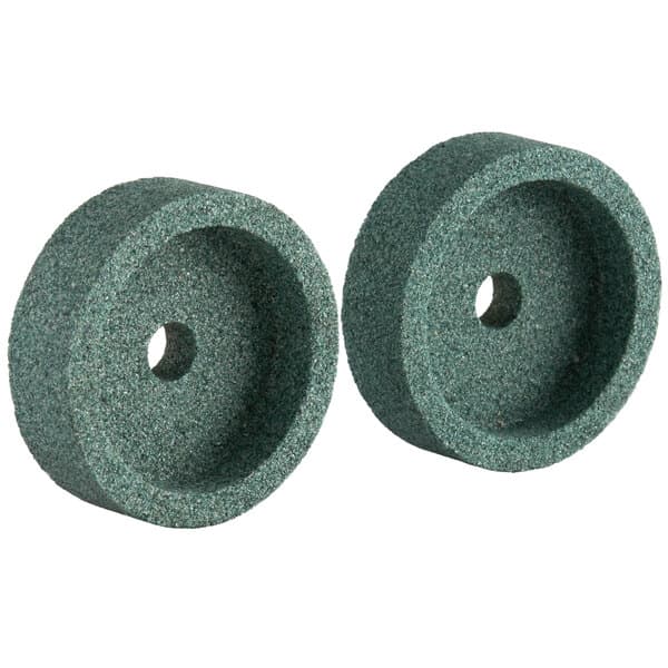 Two circular green Avantco coarse sharpening wheels with a hole in the center.