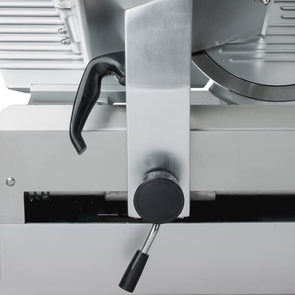 A metal manual handle for an Avantco meat slicer.