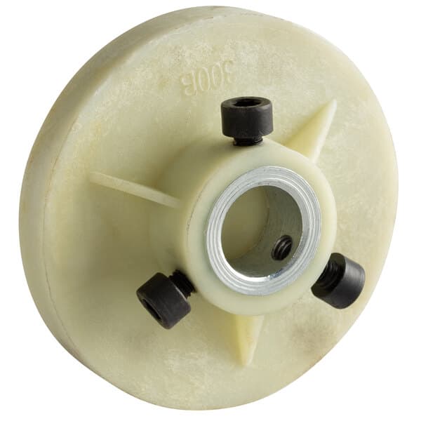 A white plastic wheel with two black nuts and a metal screw.