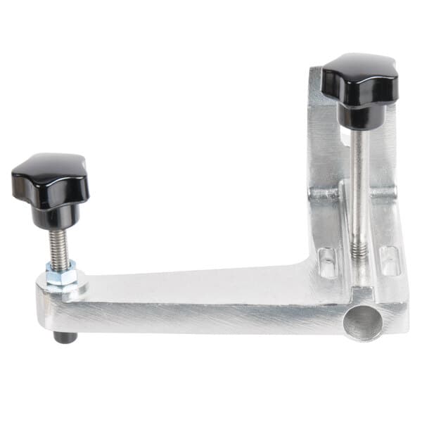 An Avantco metal L-shaped sharpener bracket with black knobs on it.